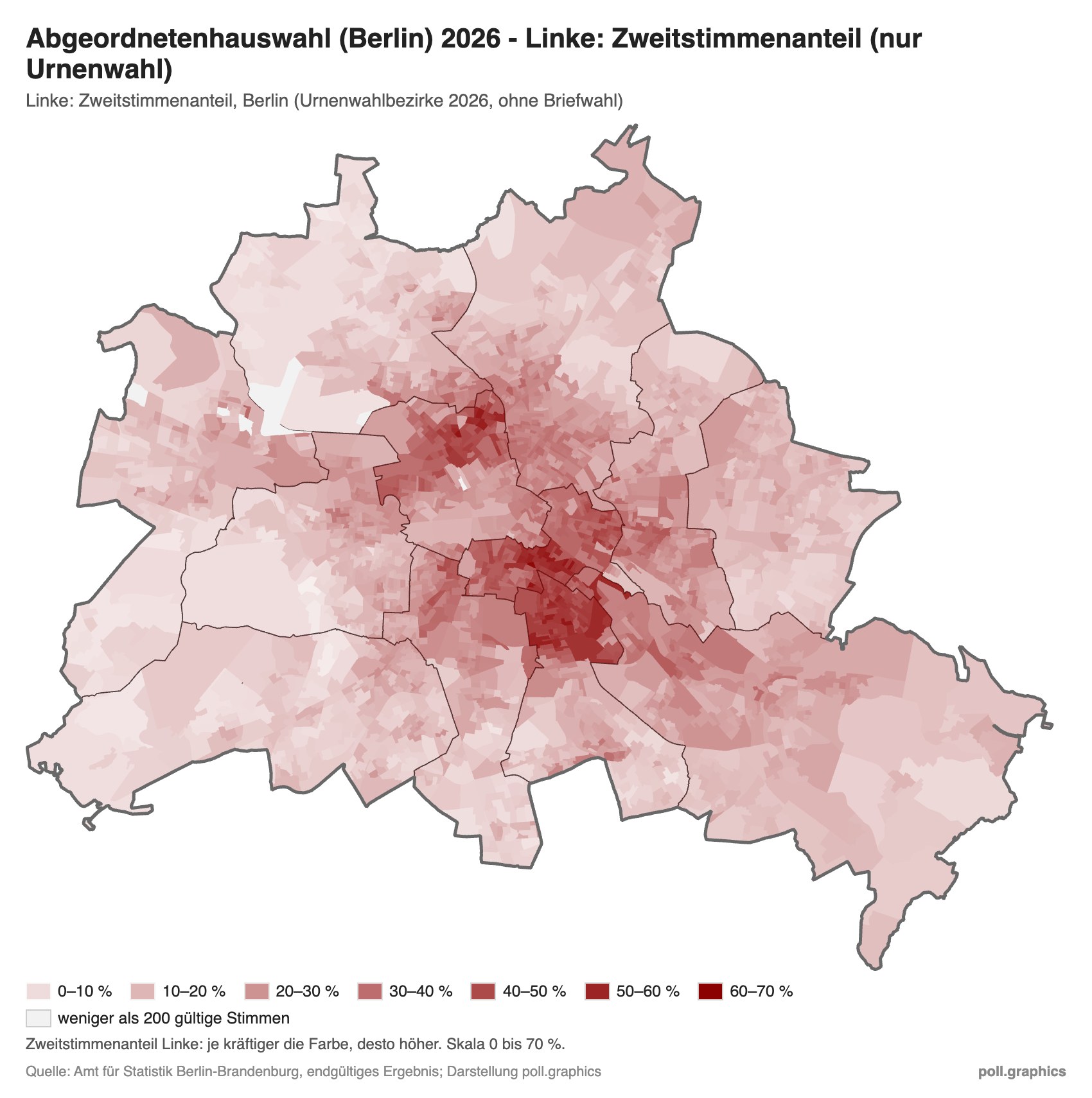 Berlin Abgeordnetenhauswahl 2026: Zweitstimmenanteil der Linken in den 2.542 Urnenwahlbezirken