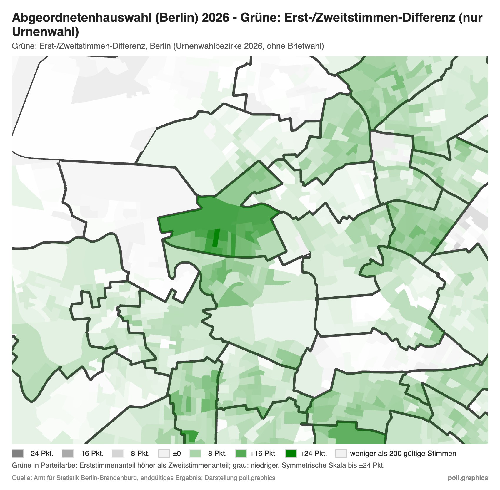 Berlin Abgeordnetenhauswahl 2026: Erst-/Zweitstimmen-Differenz der Grünen je Urnenwahlbezirk, Ausschnitt um den Wahlkreis Mitte 4