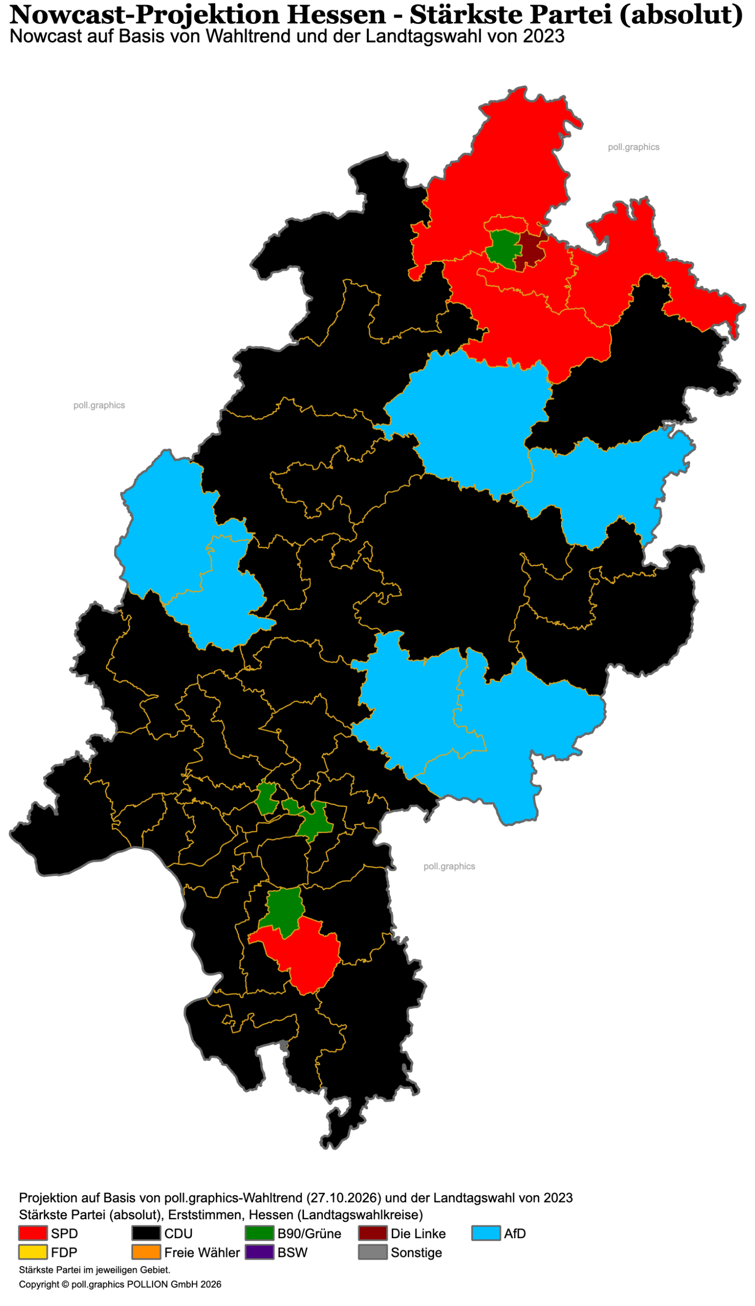 Nowcast der Erststimmen-Sieger in den 55 hessischen Landtagswahlkreisen, Stand 27. Oktober 2026